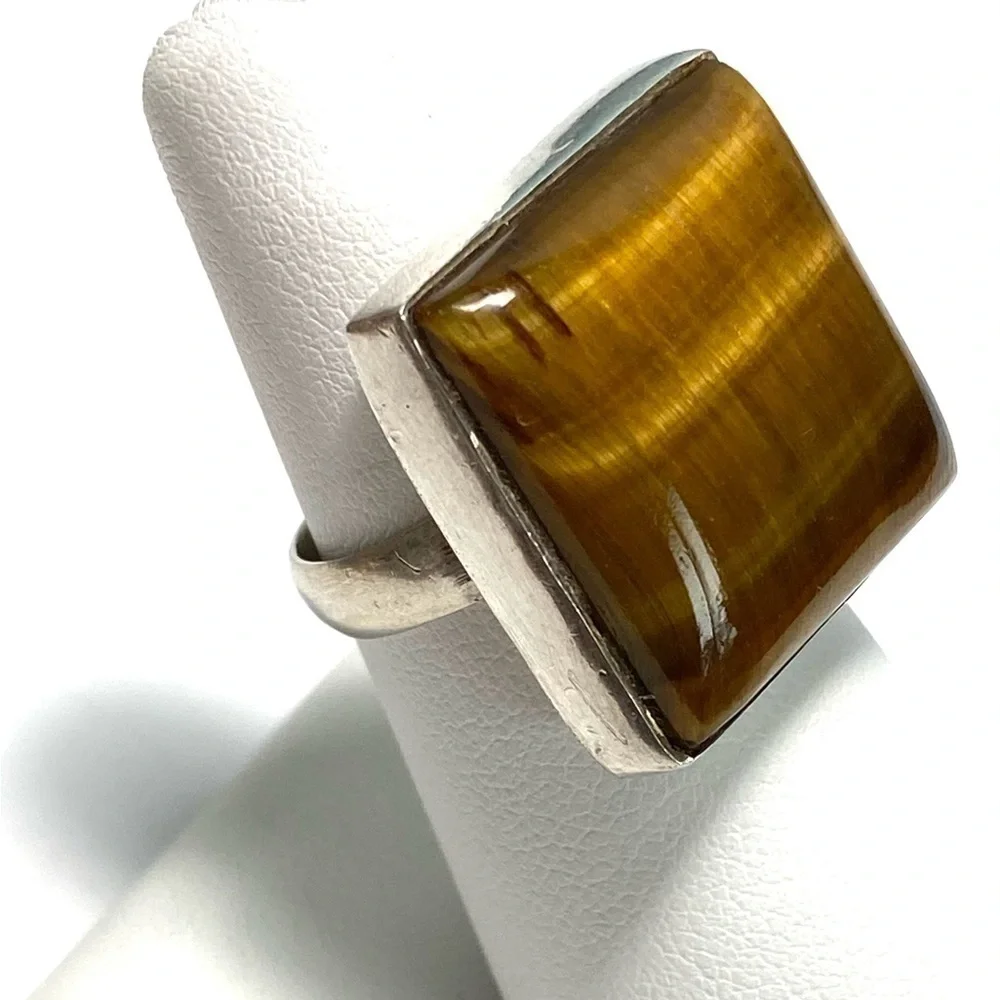 Tiger’s Eye 925 Artisan Native Ring Sterling Silver Size 7.25 Square 11.82g